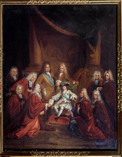King Louis XV (1710-1774) child granting letters of nobility to the city body in 1716. Painting by Louis Boullogne the Jeune (1716) by Louis de Boullogne