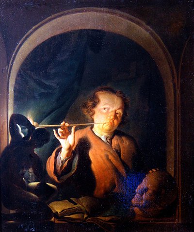 A Man Lighting a Pipe at a Casement by Louis de Moni