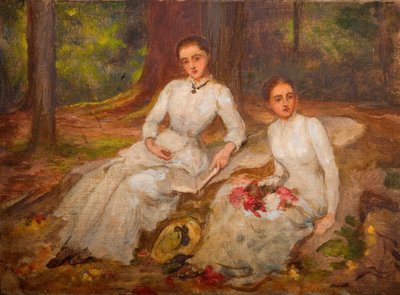 Two Women in White Seated in Wooded Glade by Louisa Starr
