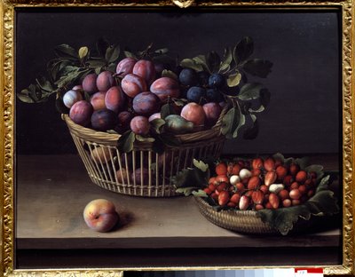 A Peach, Strawberries and a Basket of Fruit. Painting by Louise Moillon (1610-1696) by Louise Moillon