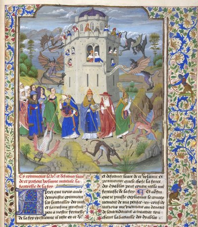 Fortress of Faith Miniature of the Saints Gregory, Augustine, Jerome, and Ambrose Fighting Demons by Loyset Liedet