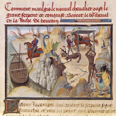 Maugis Fighting the Serpent and Gaining the Enchanted Horse, Bayard, from the Renaud de Montauban cycle by Loyset Liedet