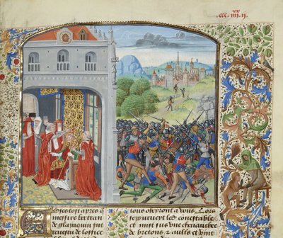 The Crowning of Pope Gregory XI and the Battle of Pontvallain by Loyset Liedet