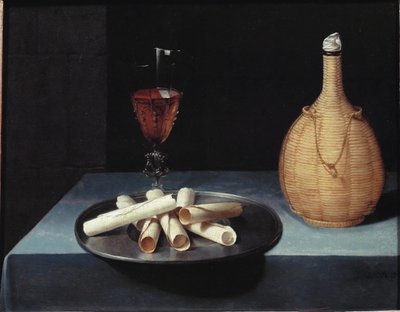 Still Life with Wafer Dessert of Biscuits, Wine Bottle and Glass by Lubin Baugin