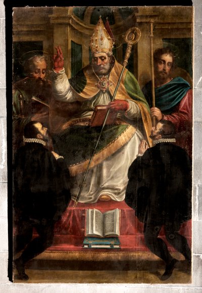Genoa, Duomo (St Lawrence Cathedral): "St Gotthard between St Paul and St James and two kneeling devotees" (1571), by Luca Cambiaso (with repaintings by Carlo Giuseppe Ratti) by Luca Cambiaso