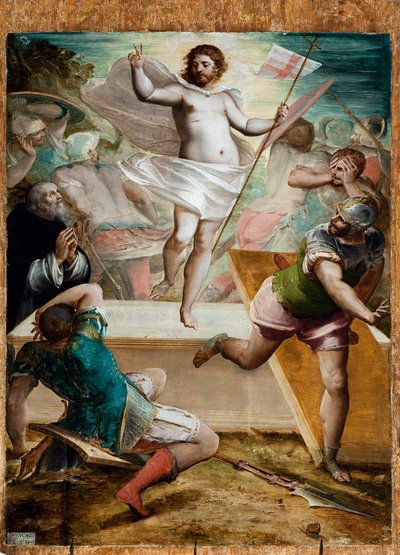 Resurrection, Jesus Holds a Stick Cross at the End of Which Floats a Standard Mark of a Red Cross by Luca Cambiaso