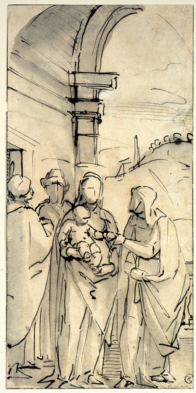 The Holy Family with Sts Anne and Joachim by Luca Cambiaso