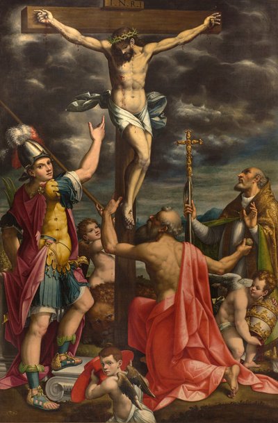 Altar of San Fermo, Crucifixion with Saints Fermo Jerome and Pope Gregory XIV, Luca Cattapane 1593 by Luca Cattapane