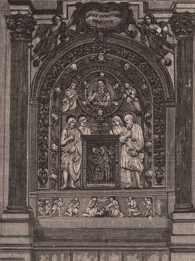 Altar of church of Santa Maria delle Grazie, by Luca della Robbia, Montepulciano, Tuscany, Italy, woodcut from Le cento citta d