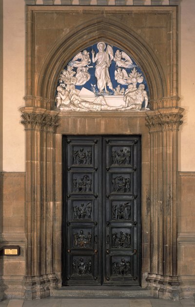 Enamelled terracotta representing the resurrection above the northern door of the sacristy of the Church of Santa Maria del Fiore - 1442 by Luca Della Robbia