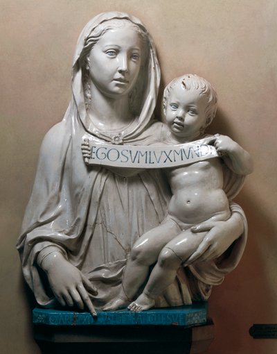Holy Virgin with Infant Saviour holding scroll by Luca Della Robbia