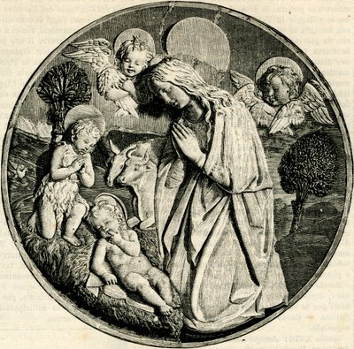 Madonna in adoration of the Child with the Infant St John the Baptist and cherubs, by Luca della Robbia, Prato, Tuscany, Italy, woodcut from Le cento citta d