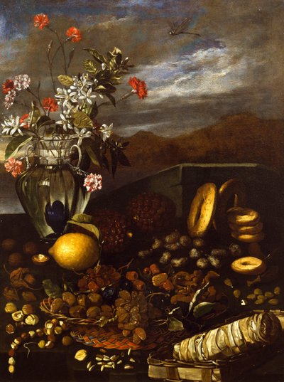 Still Life with Dried Fruit, Flowers and Landscape by Luca Forte
