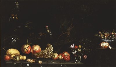 Still life with fruit, flowers, a hawk and a goldfinch, 1620-30 by Luca Forte
