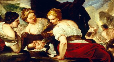 Daughters of Cecrops opening basket which holds baby Erichthonius by Luca Giordano