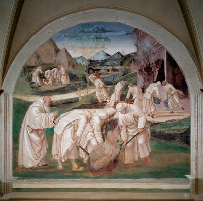 The Problems of Installations of the Monks in Monte Cassino, Saint Benedict Takes Away a Demon from a Stone, in the Background the Monks Find an Idol into the Ground, Another Group Fights Against Fire by Luca Signorelli