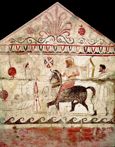 The Return of the Victorious Warrior, Lucanian Fresco, 4th Century BC, Necropolis of Andriuolo, Paestum, Italy by Lucanian School