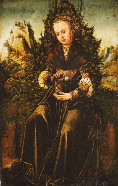 Saint Mary Magdalen seated on a Grassy Verge in a Mountainous Landscape by Lucas Cranach