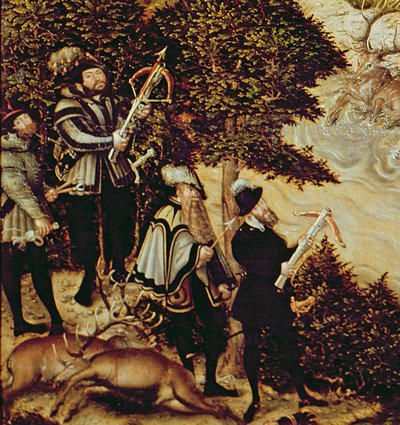 Johann Friedrich the Magnanimous, Elector of Saxony and Emperor Charles V hunting deer near Hartenfels Castle, Torgau, 1544 (detail) by Lucas Cranach the Elder