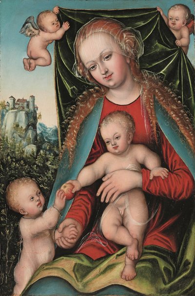 The Holy Virgin and Child with the Infant Saint John the Baptist and Angels, a Forest Landscape with a Clifftop Fortress Beyond by Lucas The Elder (studio of) Cranach