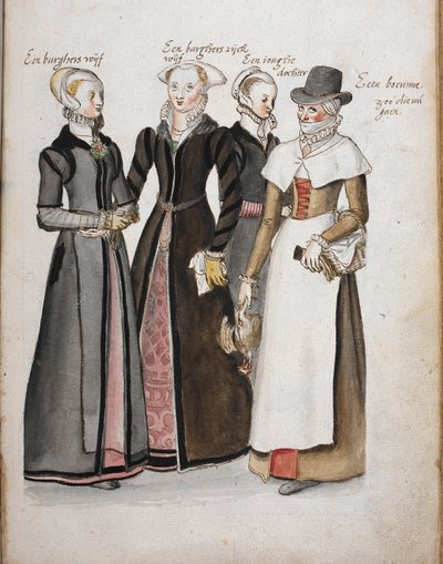 Four Englishwomen in dress of the Elizabethan era: a wife of a citizen of London, a wife of a wealthy citizen of London, a daughter of the London