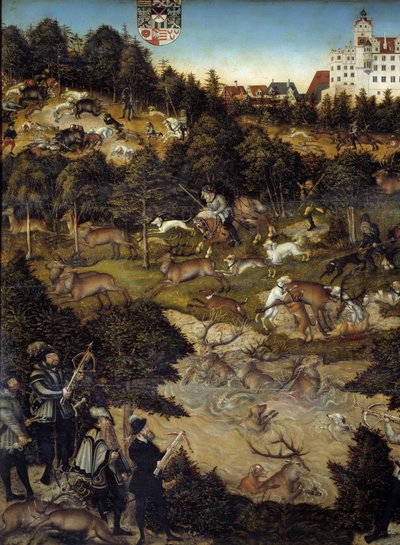 Hunting in honor of Charles V at Torgau Castle (Germany) (detail). The emperor is probably a representative downstairs holding a crossbow. Painting by Lucas Cranach by Lucas the Elder Cranach