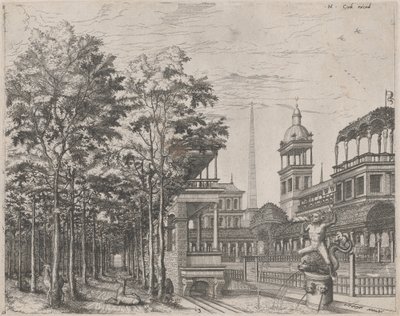 Landscape with Trees, Two Deer, and a Palace Courtyard by Lucas van Doetechum and Johannes