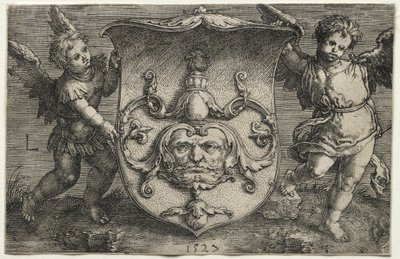 A Shield Bearing a Mask Supported by Two Genii by Lucas van Leyden
