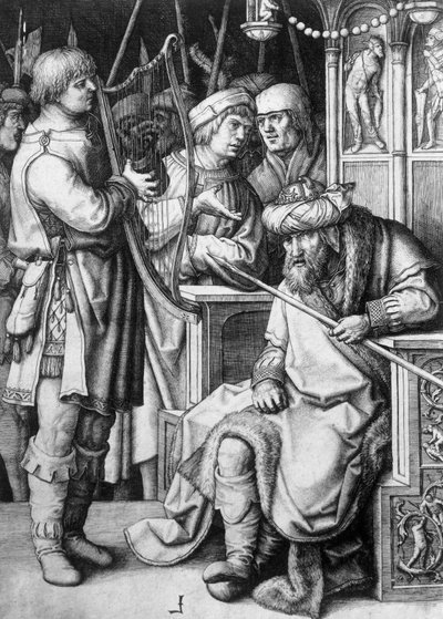 David playing harp before King Saul, circa 1508, engraving by Lucas van Leyden