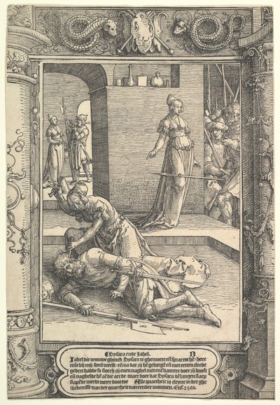 Jael Killing Sisera, ornamental frame by Lucas van Leyden