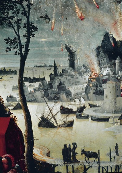 Lot and his Daughters, detail of the destruction of Sodom by Lucas van Leyden