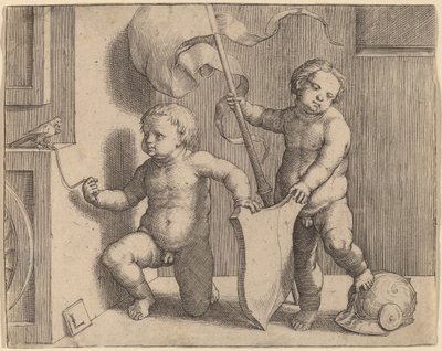 Two Naked Children Supporting a Blank Shield by Lucas van Leyden