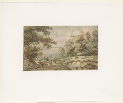Hilly Landscape with Flock of Sheep and Cow by Lucas van Uden