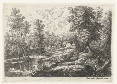 Landscape with Houses and a Church Surrounded by a Wall (series title: Five Landscapes) by Lucas van Uden
