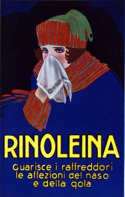 Advertising for the Drug Rinoleina Against Colds, Sore Throat and Cough by Luciano Achille Mauzan
