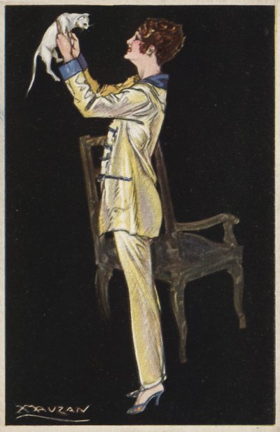 Girl in Pyjamas Holding White Cat by Luciano Achille Mauzan