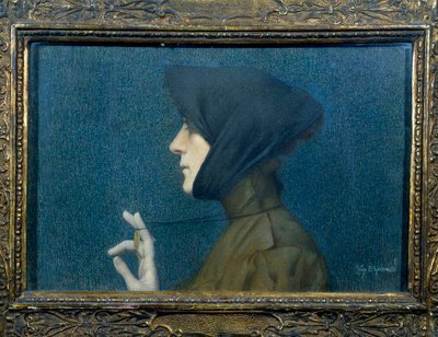 Portrait of a woman with a medallion. Woman in profile supporting her pendant in front of her by Lucien Levy Dhurmer