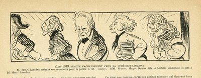 Illustration in Le Rire, 04/01/13 - The Year 1913... - Theatre, Comedie Francaise - Victor Hugo, Alexandre Dumas (fils), Henri Lavedan, Sacha Guitry, Alfred de Musset, Moliere by Lucien Metivet