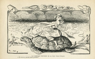 Illustration in Le Rire, 05/10/12 - The tortuous paths of peace Italo Turkish - War, Turkey, Italy, Peace - Turtle - Animation, Allegory by Lucien Metivet