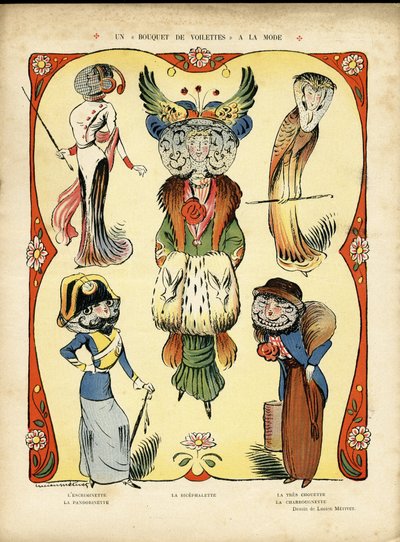 Illustration in Le Rire, 09/04/10 - A Trendy Bouquet of Veils - Fashion, Fencing (engraving) by Lucien Metivet