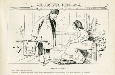 Illustration in Le Rire, 24/08/12 - Return from Russia - Anticlericalism, Russia, President of the Republic, Hats, Official Visit - Marianne, Poincare Raymond (engraving) by Lucien Metivet