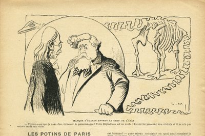 Illustration in Le Rire, 27/06/08 - Disregard for the Head of State - President of the Republic, Dinosaur, Paleontology - Fallieres Armand, Dinosaur, Diplodocus (engraving) by Lucien Metivet