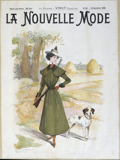 Woman in hunting attire wearing a rifle - in La Nouvelle Mode from Sept. 1898 by Lucien Metivet