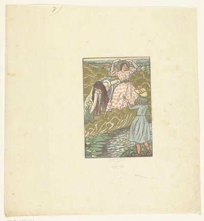 A Girl and Two Women by a Stream by Lucien Pissarro