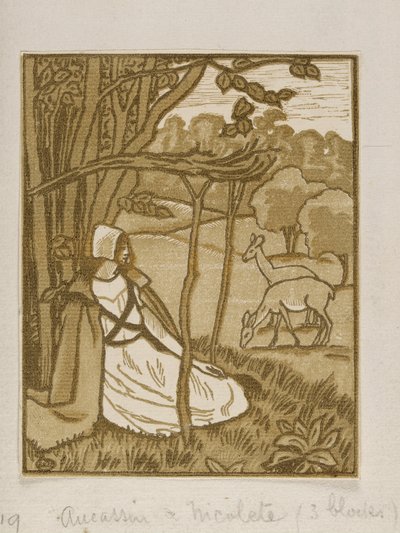 Girls seated under tree with deer, wood engraving of Lucien Pissarro, c. 1880-1940 by Lucien Pissarro