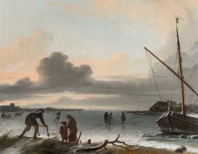 A Winter Landscape with Sleighs, Skaters and Golfers on a Frozen Lake by Ludolf Backhuysen