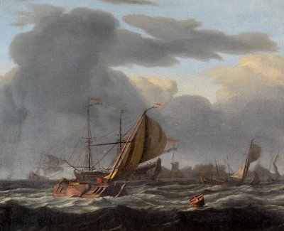 A Warship at Anchor in a Rough Sea by Ludolf Backhuysen I