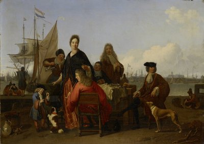 The Bakhuysen and de Hooghe Families dining at the Mussel Pier on the Y, Amsterdam by Ludolf Bakhuysen (signed by artist)