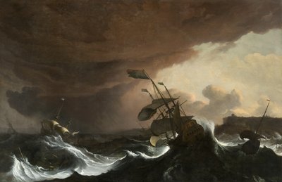 Ships in a Stormy Sea off a Coast by Ludolf I Backhuysen