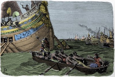 Marc Antony joins Cleopatra in flight after the defeat in the Battle of Actium on 2/09/31 BC, illustration by Ludovico Pogliaghi from 